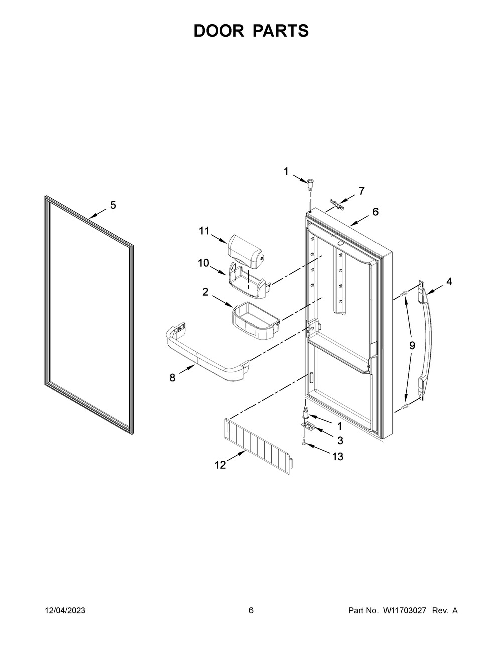 Door Parts Diagram and Parts List for WSZ57L18DM08  Whirlpool Freezer
