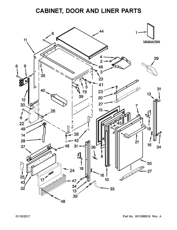 Cabinet, Door And Liner Parts Diagram and Parts List for KUIO18NNZS2  KitchenAid Ice Maker