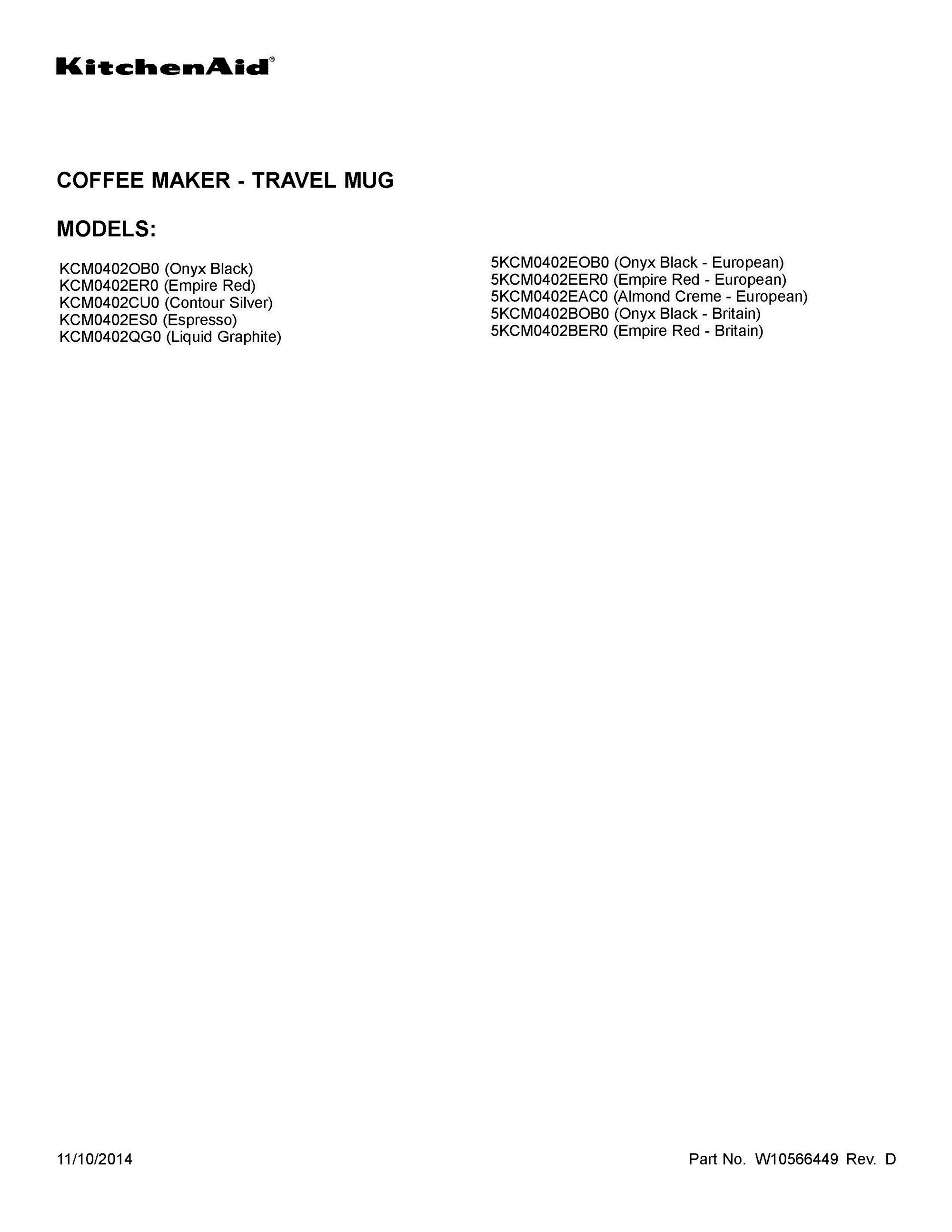 01 - COVER SHEET Diagram and Parts List for 5KCM0402BER0  Whirlpool Coffee Maker