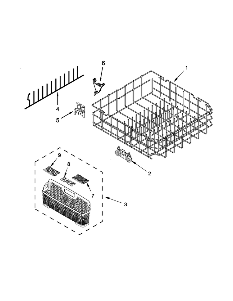 Lower Rack Parts Diagram and Parts List for BLB14DRANA1  Whirlpool Dishwasher