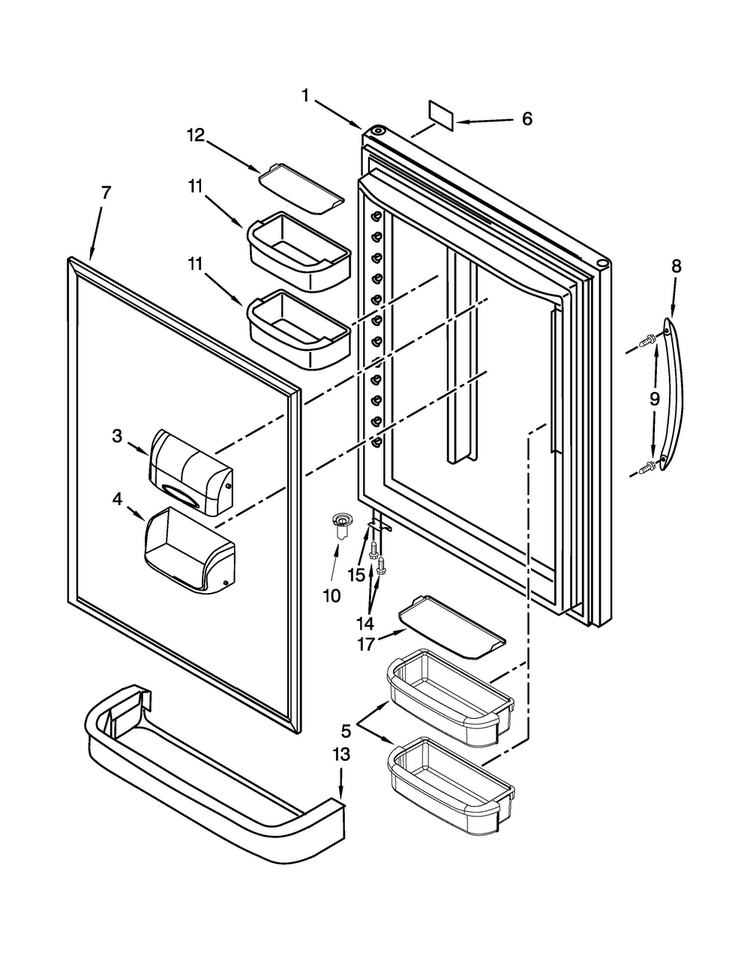 Refrigerator Door Parts Diagram and Parts List for KBWS19KCWH00  KitchenAid Refrigerator