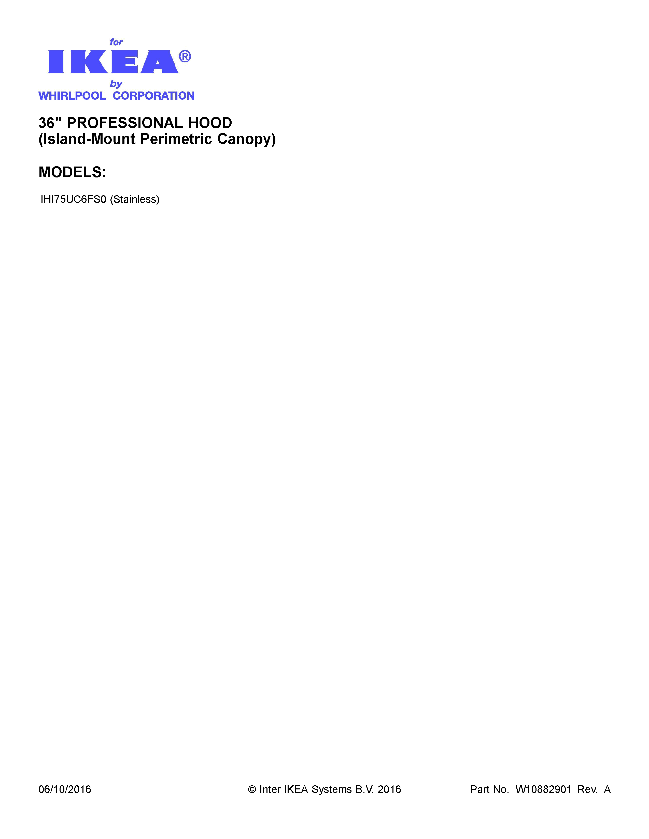 Cover Sheet Diagram and Parts List for IHI75UC6FS0  Whirlpool Range Hood