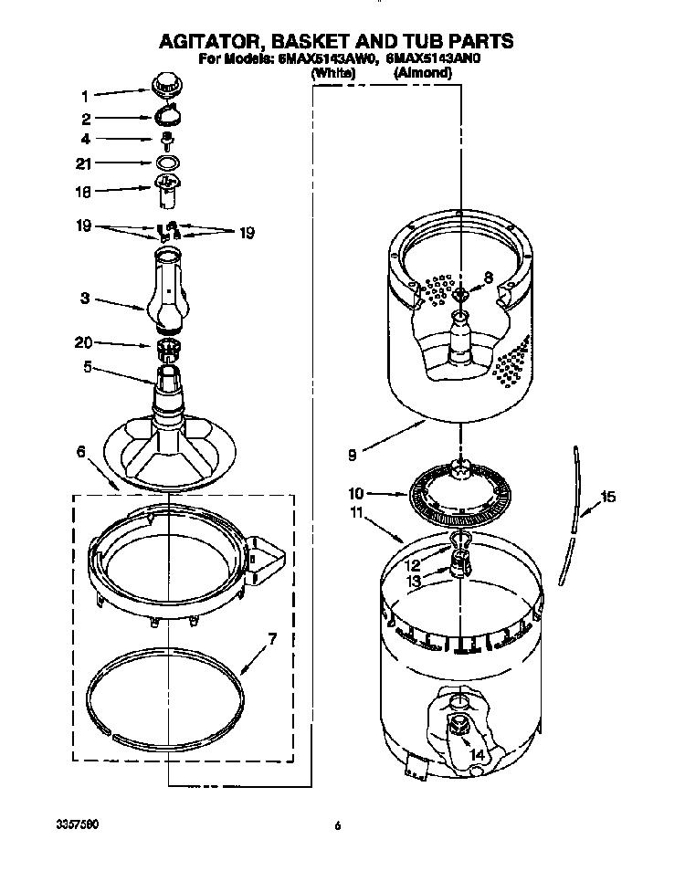 Agitator, Basket And Tub Diagram and Parts List for 6MAX5143AN0  Whirlpool Washer
