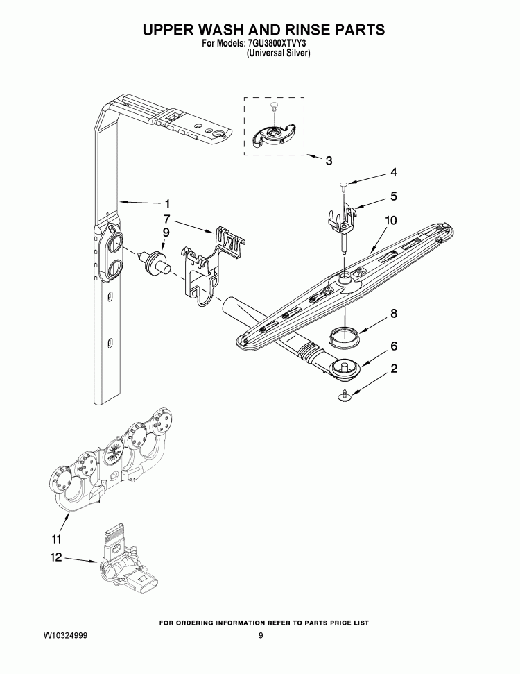 UPPER WASH AND RINSE PARTS Diagram and Parts List for 7GU3800XTVY3  Whirlpool Dishwasher