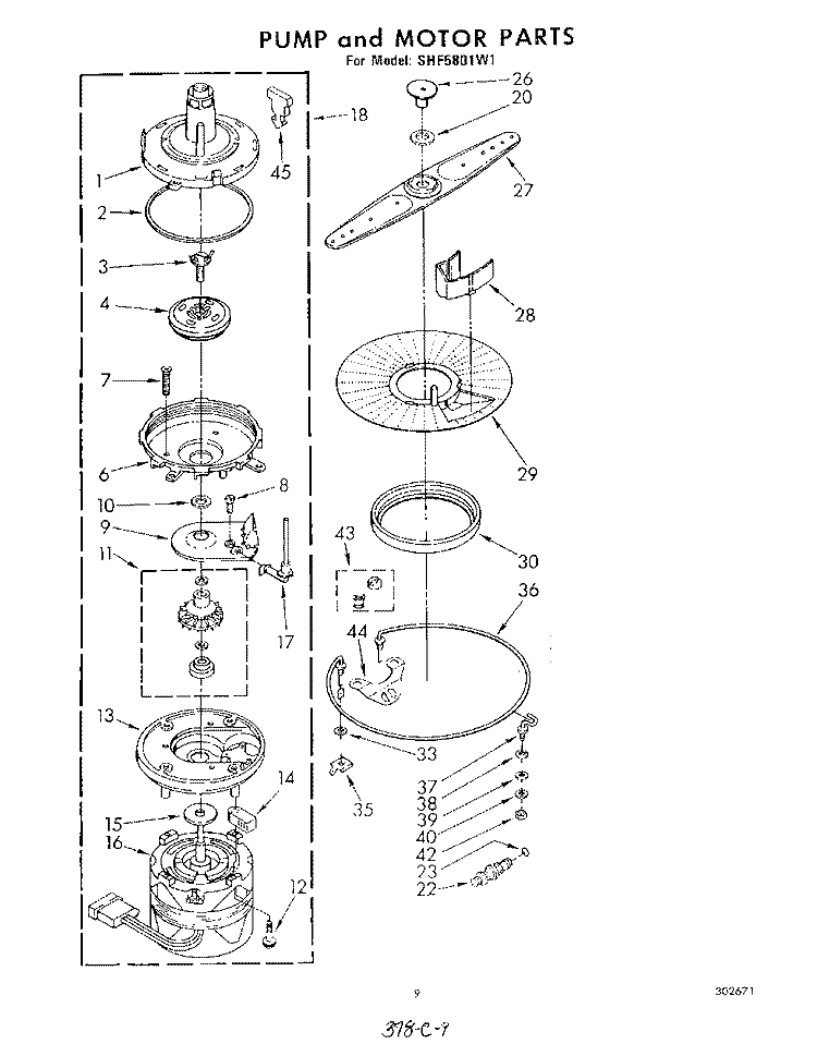 PUMP AND MOTOR Diagram and Parts List for SHF5801W1  Whirlpool Dishwasher