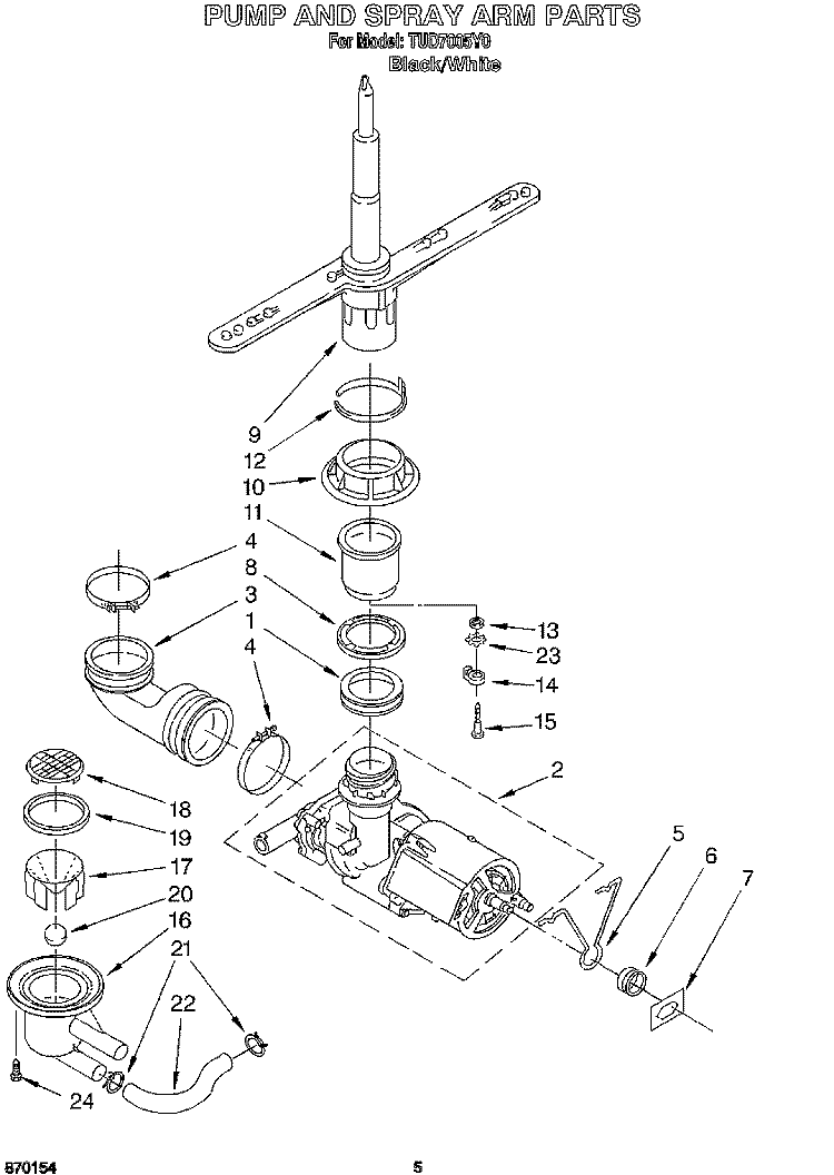 PUMP AND SPRAY ARM Diagram and Parts List for TUD7005Y0  Whirlpool Dishwasher