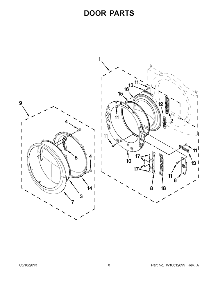 DOOR PARTS Diagram and Parts List for WED94HEAC1  Whirlpool Dryer