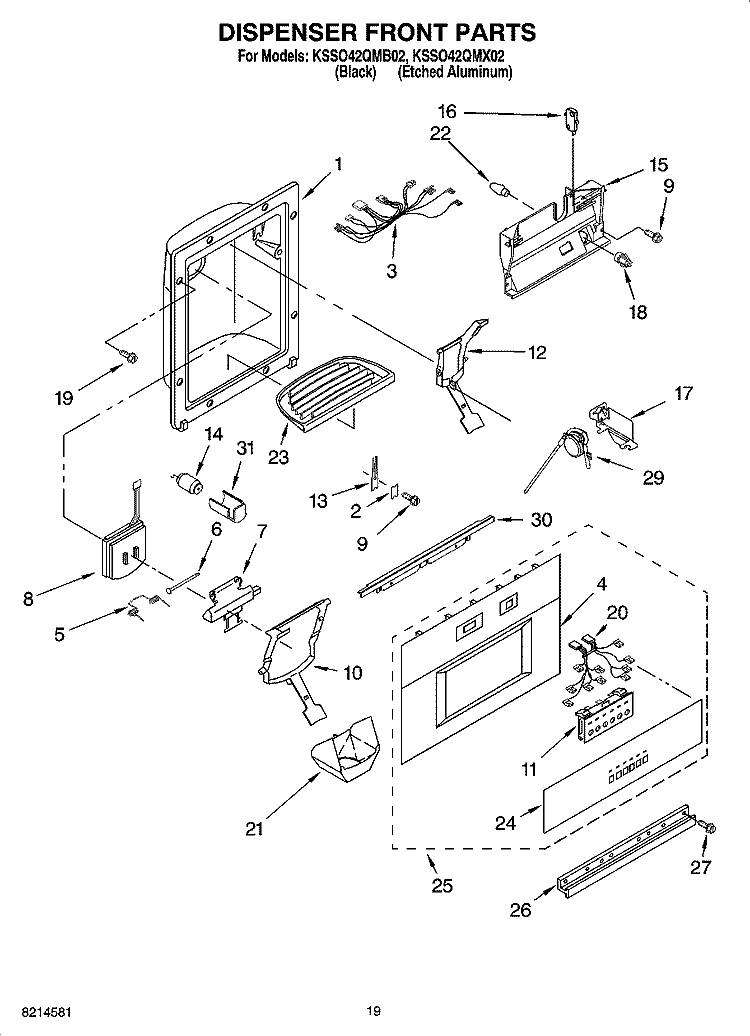 DISPENSER AND FRONT PARTS Diagram and Parts List for KSSO42QMB02  KitchenAid Refrigerator