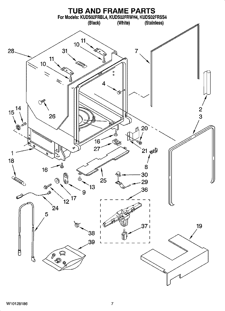 TUB AND FRAME PARTS Diagram and Parts List for KUDS02FRWH4  KitchenAid Dishwasher