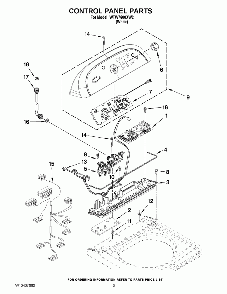 CONTROL PANEL PARTS Diagram and Parts List for WTW7600XW2  Whirlpool Washer