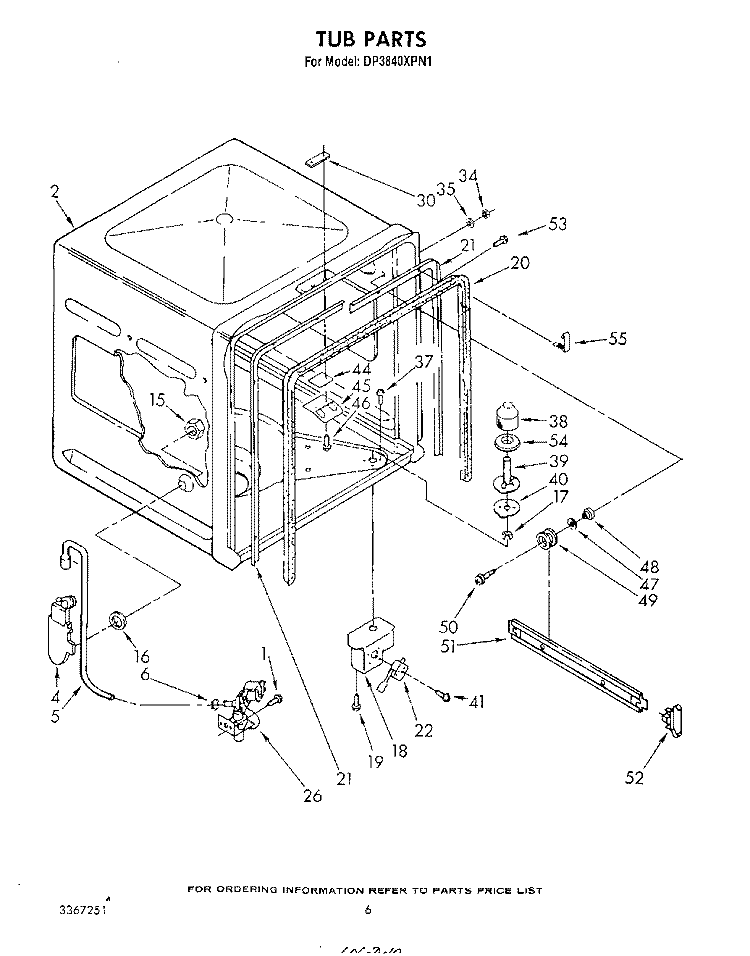 TUB , LITERATURE AND OPTIONAL Diagram and Parts List for DP3840XPN1  Whirlpool Dishwasher