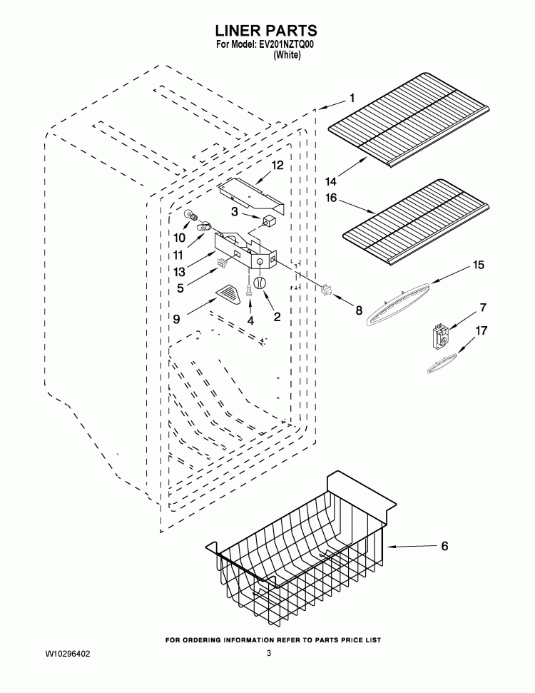 LINER PARTS Diagram and Parts List for EV201NZTQ00  Whirlpool Freezer