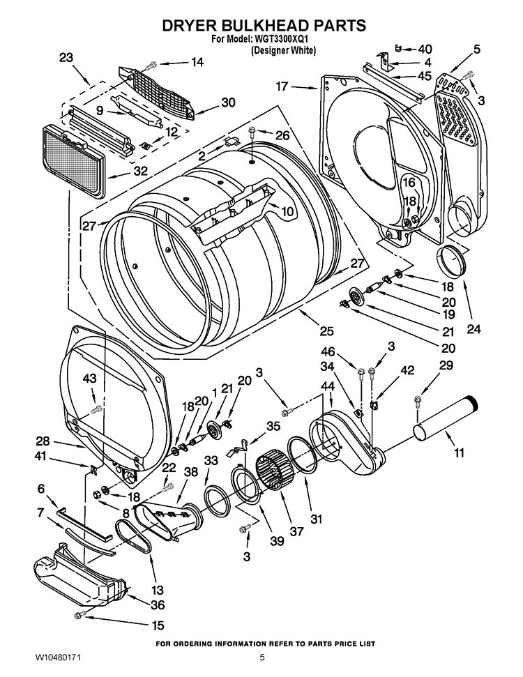 DRYER BULKHEAD PARTS Diagram and Parts List for WGT3300XQ1  Whirlpool Washer Dryer Combo
