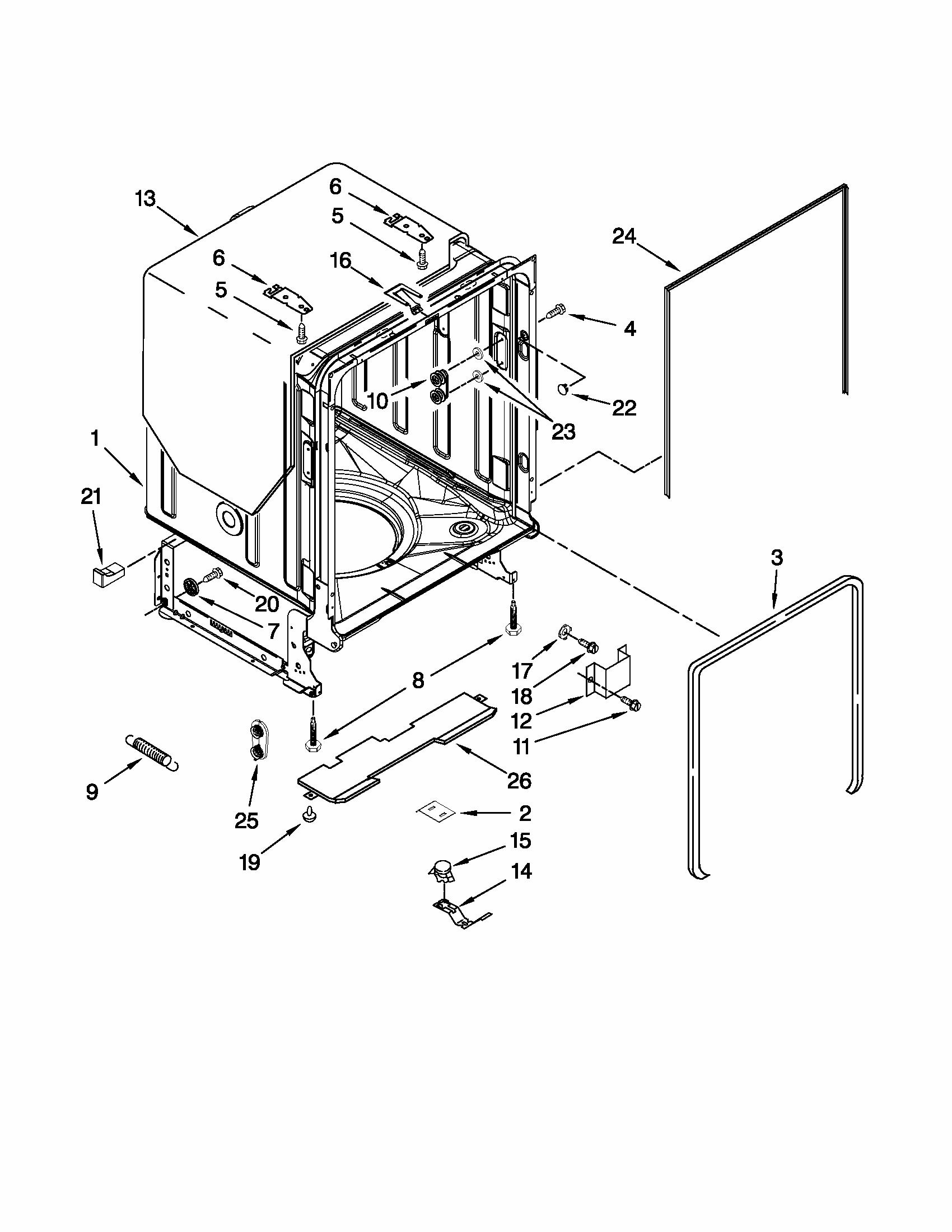 Tub And Frame Parts Diagram and Parts List for 66513262K111  Kenmore Dishwasher