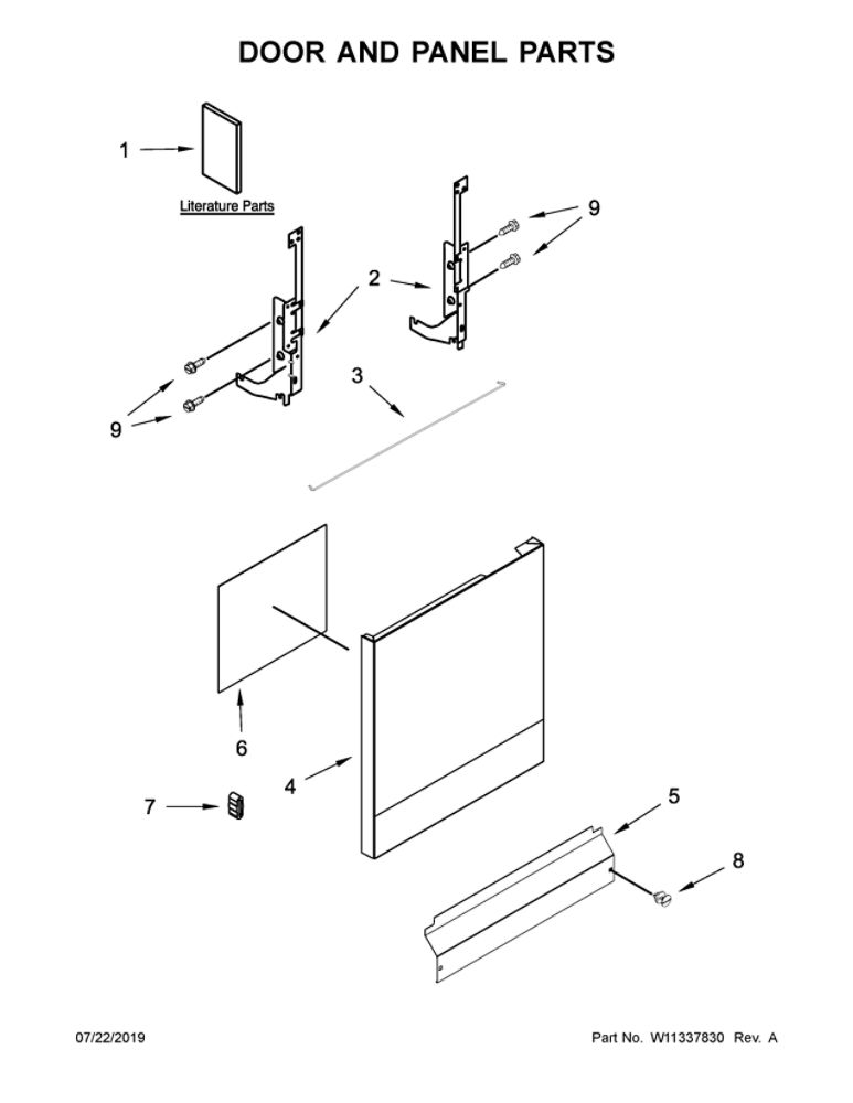 Door And Panel Parts Diagram and Parts List for WDF130PAHS1  Whirlpool Dishwasher