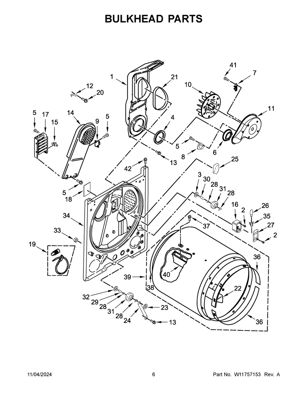 04 - Bulkhead Parts Diagram and Parts List for CDEW7011RW0  Whirlpool Dryer