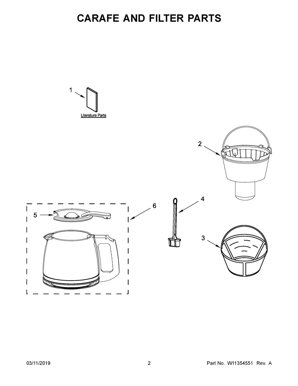 Carafe And Filter Parts Diagram and Parts List for 5KCM1204RBOB0  Whirlpool Coffee Maker