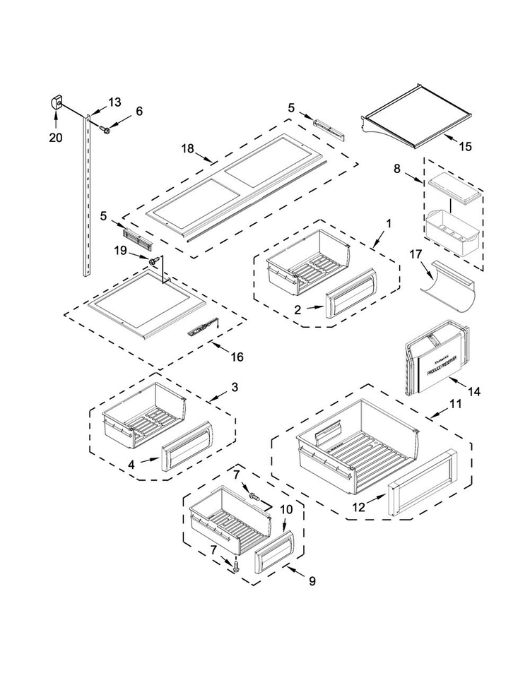 Shelf Parts Diagram and Parts List for KBFN402EPA00  KitchenAid Refrigerator