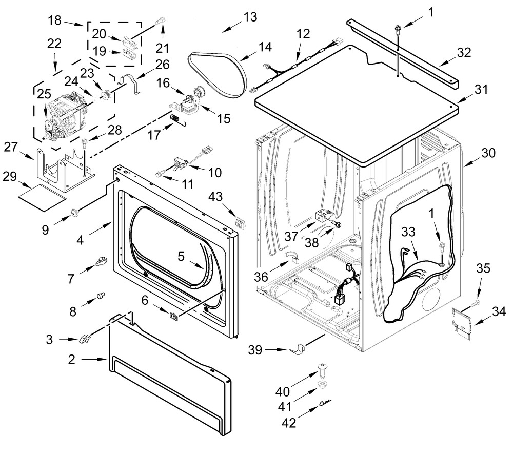 Upper Cabinet And Front Panel Parts Diagram and Parts List for MLE27PDFGW0  Whirlpool Dryer