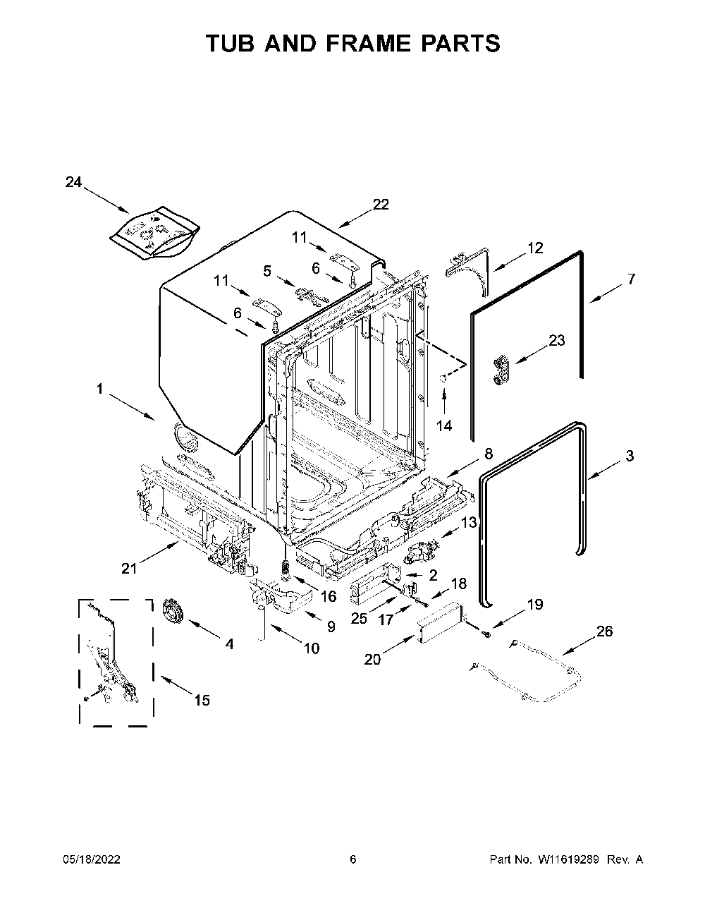 Tub And Frame Parts Diagram and Parts List for KDTE104KPS1  KitchenAid Dishwasher