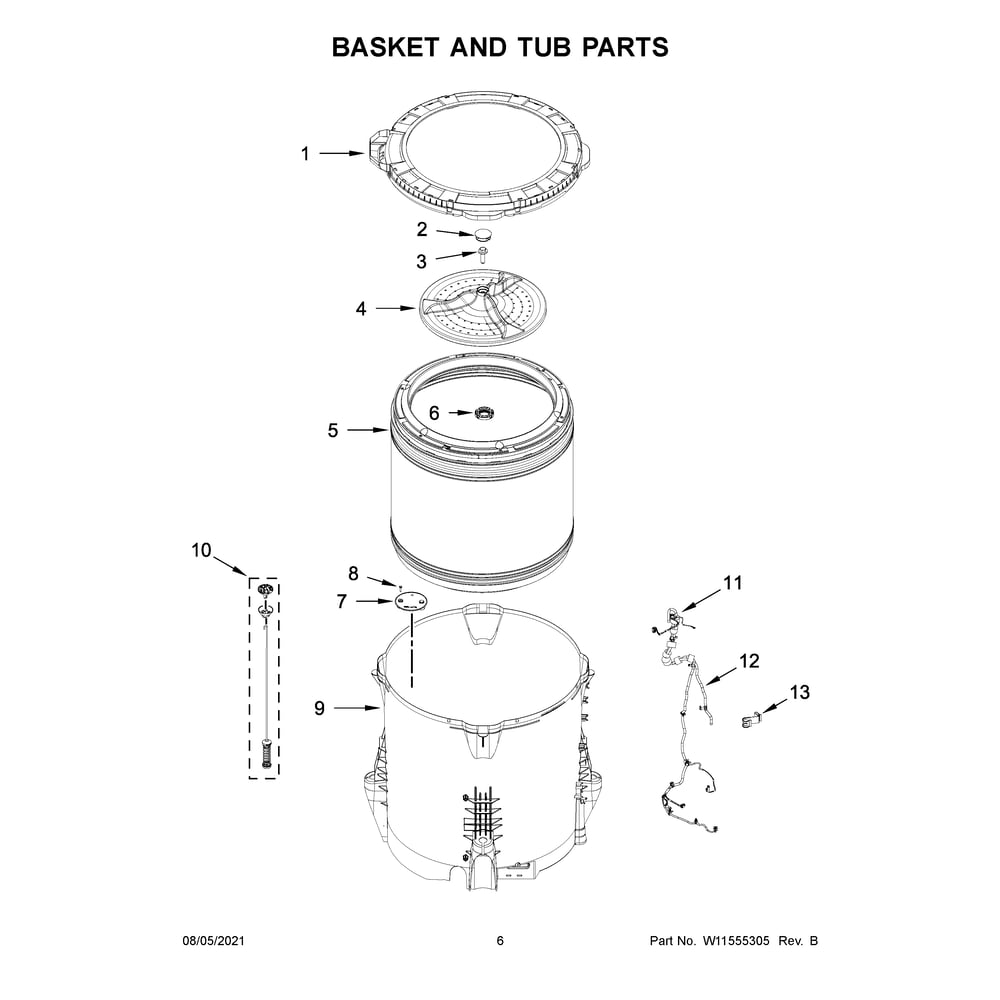 Basket And Tub Parts Diagram and Parts List for WTW5010LW0  Whirlpool Washer
