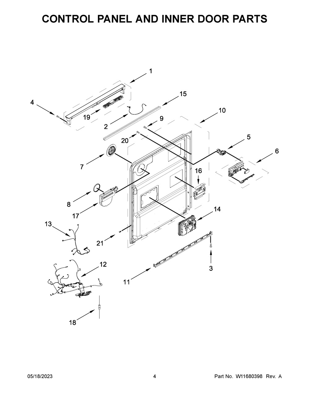 Control Panel And Inner Door Parts Diagram and Parts List for WDTA50SAKB2  Whirlpool Dishwasher