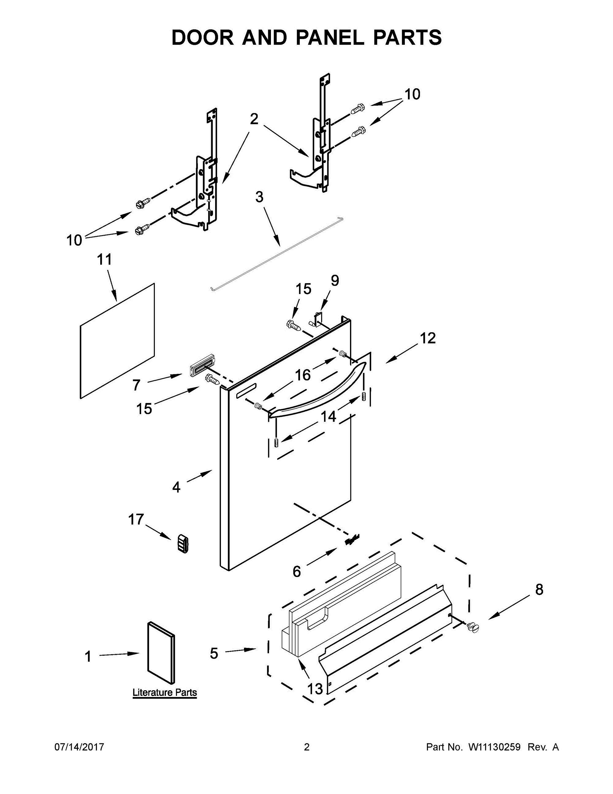 02 - DOOR AND PANEL PARTS Diagram and Parts List for WDT710PAHB1  Whirlpool Dishwasher