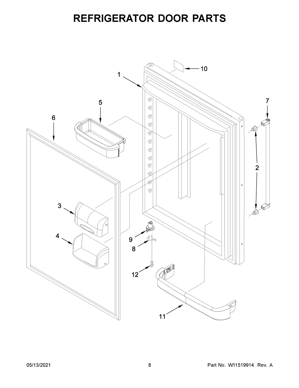 Refrigerator Door Parts Diagram and Parts List for KRBR102ESS03  Whirlpool Refrigerator