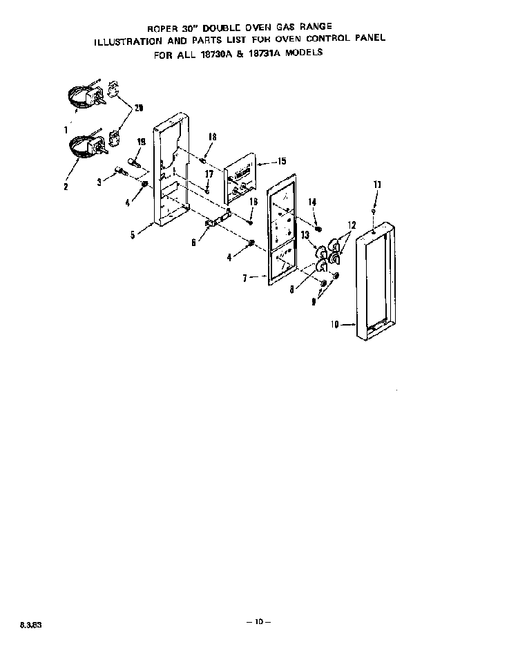 Oven Control Panel Diagram and Parts List for 1873*1A  Roper Wall Oven