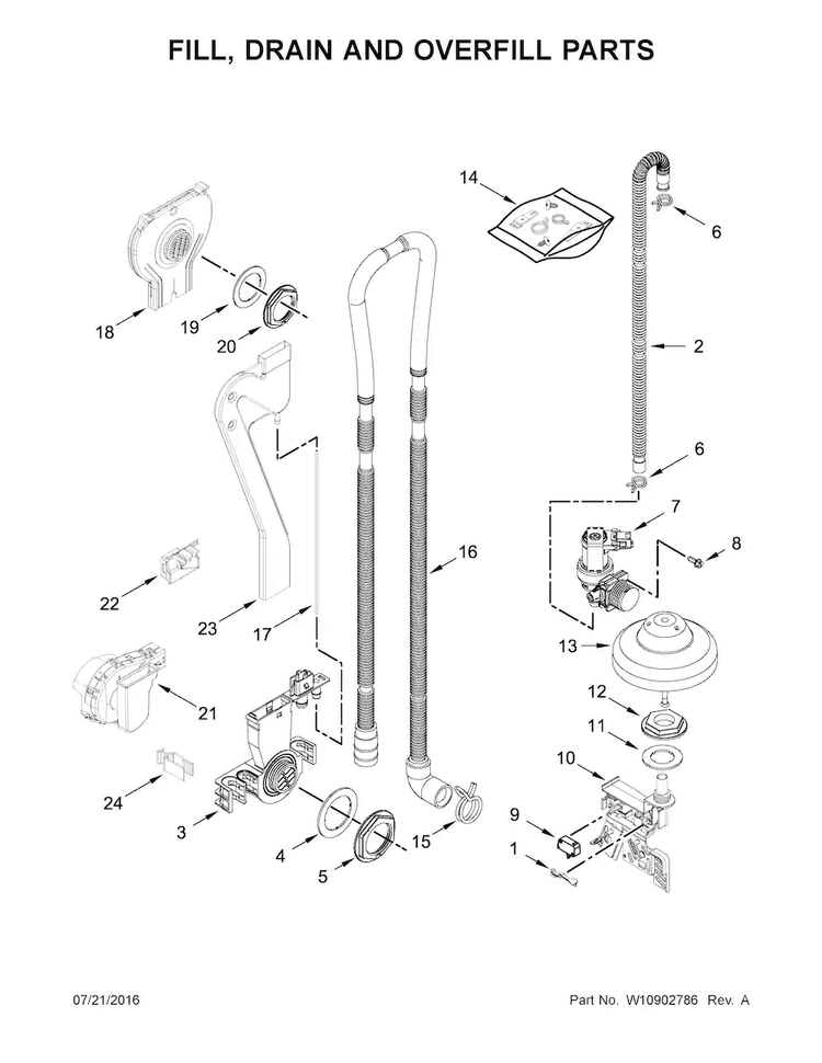 Fill, Drain And Overfill Parts Diagram and Parts List for KDTM404EWH2  KitchenAid Dishwasher