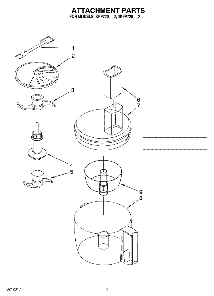 ATTACHMENT PARTS Diagram and Parts List for 4KFP720WH2  KitchenAid Food Processor