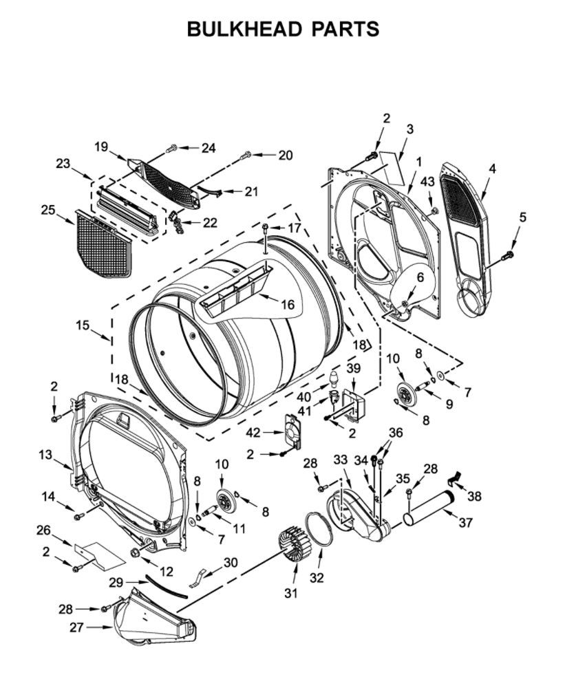 Bulkhead Parts Diagram and Parts List for YWED5100HW1  Whirlpool Dryer