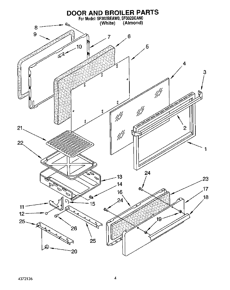 DOOR AND BROILER Diagram and Parts List for SF302BEAN0  Whirlpool Range