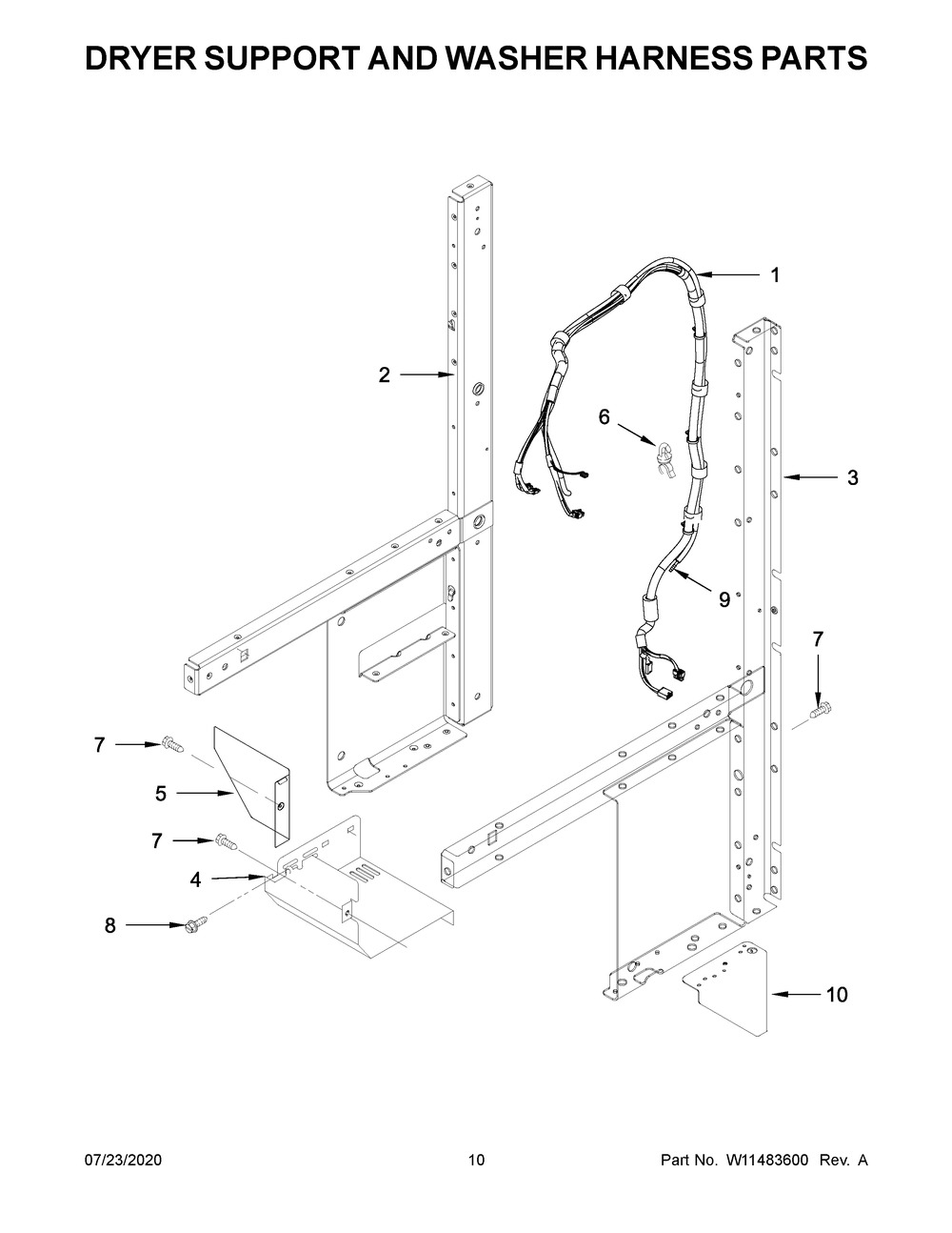 Dryer Support And Washer Harness Parts Diagram and Parts List for WET4027HW1  Whirlpool Washer Dryer Combo