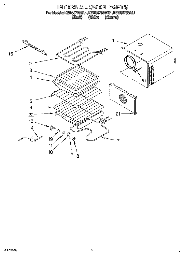 INTERNAL OVEN Diagram and Parts List for KEMS378BWH1  KitchenAid Wall Oven