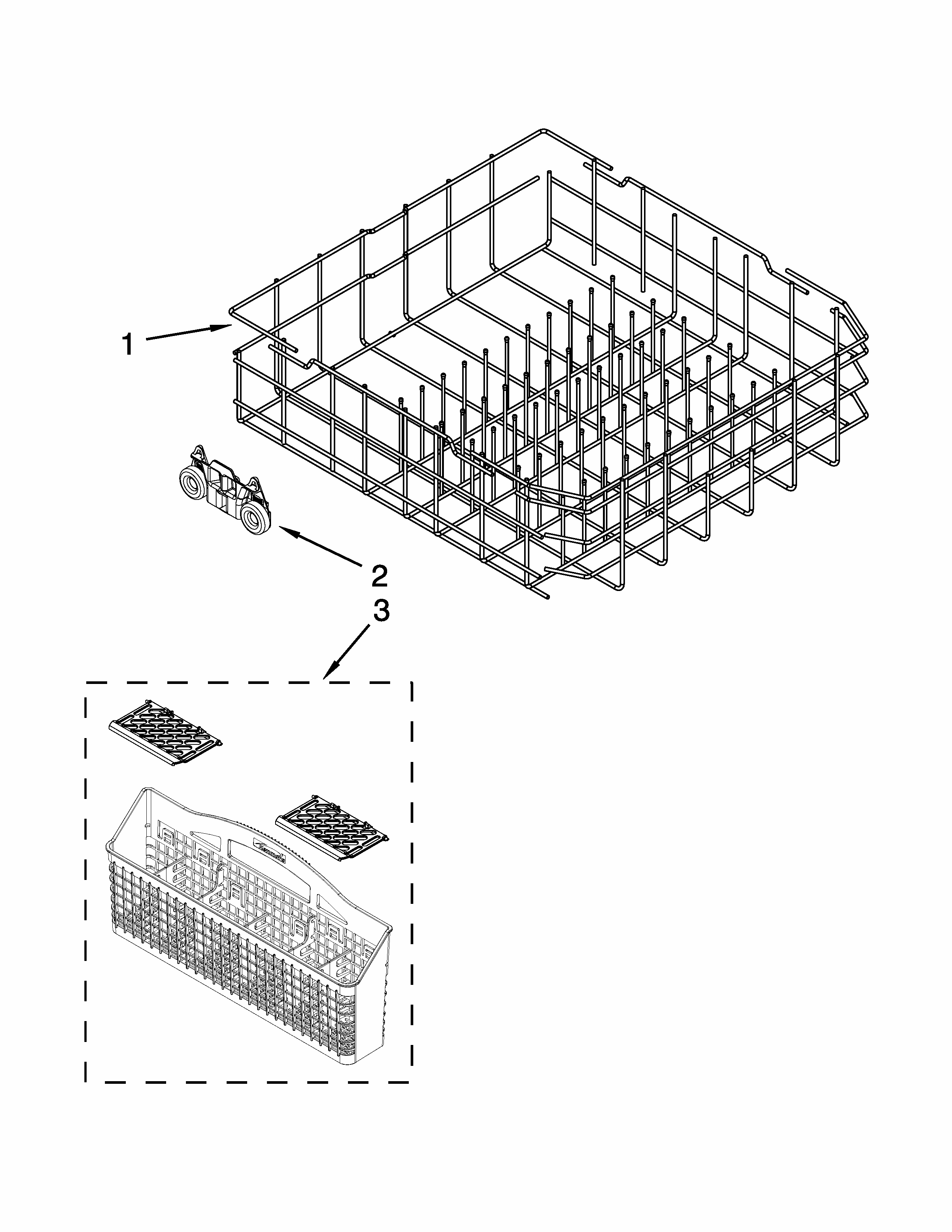 Lower Rack Parts Diagram and Parts List for 66513549N412  Kenmore Dishwasher