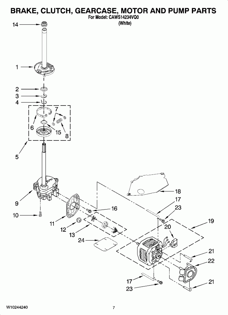 BRAKE, CLUTCH, GEARCASE, MOTOR AND PUMP PARTS Diagram and Parts List for CAWS14234VQ0  Crosley Washer