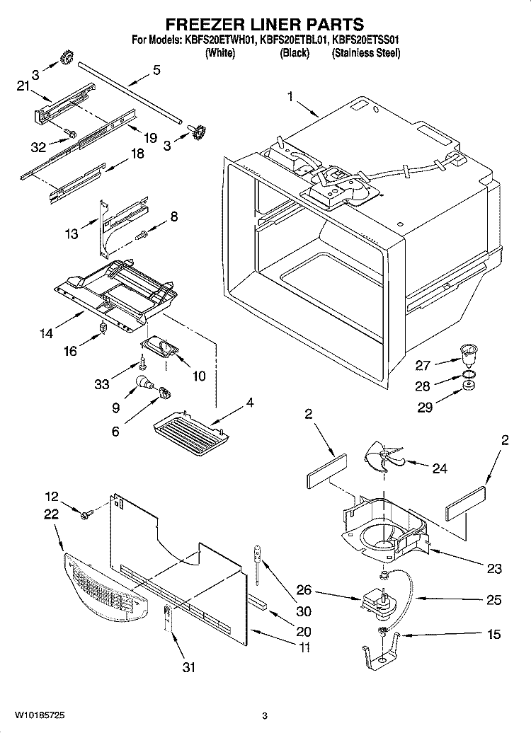 FREEZER LINER PARTS Diagram and Parts List for KBFS20ETWH01  KitchenAid Refrigerator