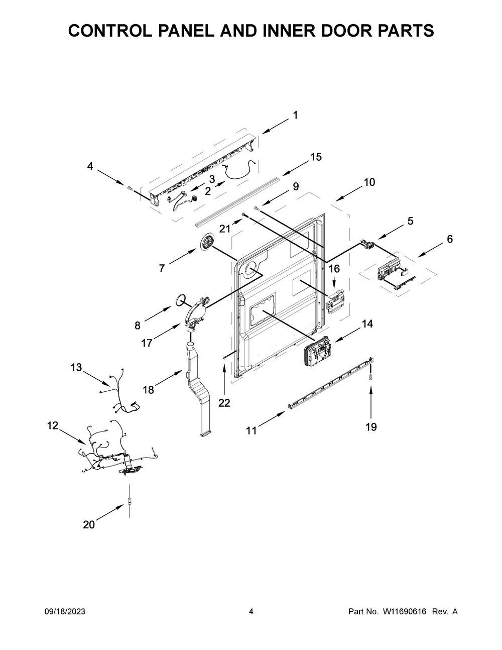 Control Panel And Inner Door Parts Diagram and Parts List for KDPM704KPS2  KitchenAid Dishwasher