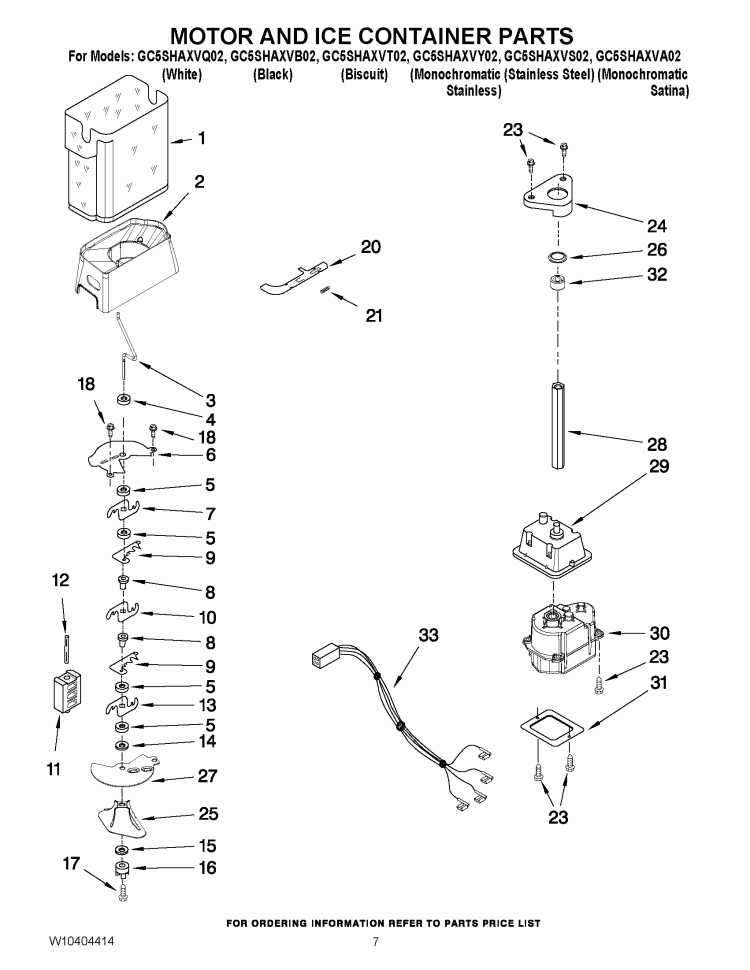 MOTOR AND ICE CONTAINER PARTS Diagram and Parts List for GC5SHAXVT02  Whirlpool Refrigerator