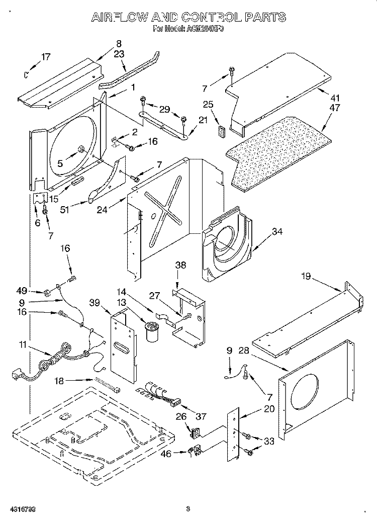 AIRFLOW AND CONTROL Diagram and Parts List for ACM254XF0  Whirlpool Air Conditioner