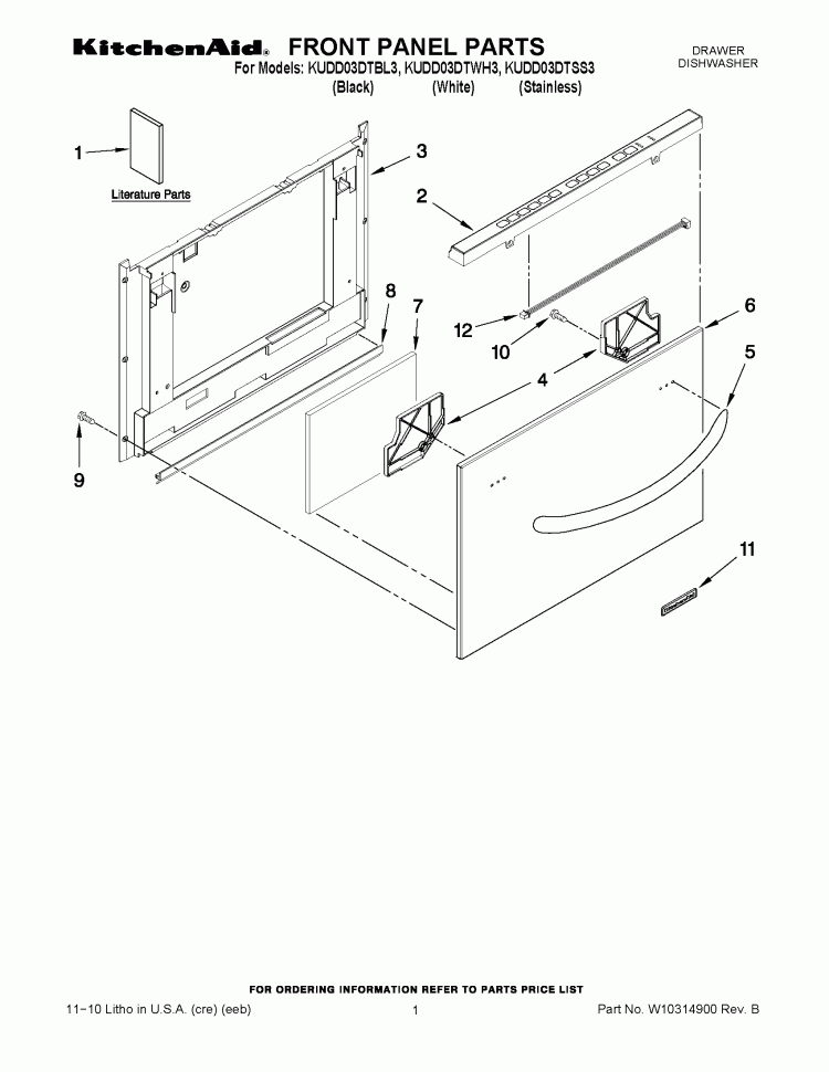 FRONT PANEL PARTS Diagram and Parts List for KUDD03DTBL3  KitchenAid Dishwasher