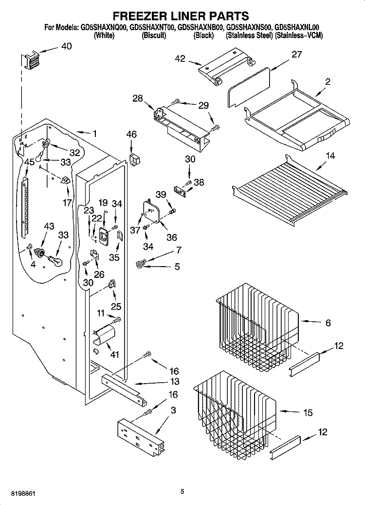 FREEZER LINER PARTS Diagram and Parts List for GD5SHAXNS00  Whirlpool Refrigerator