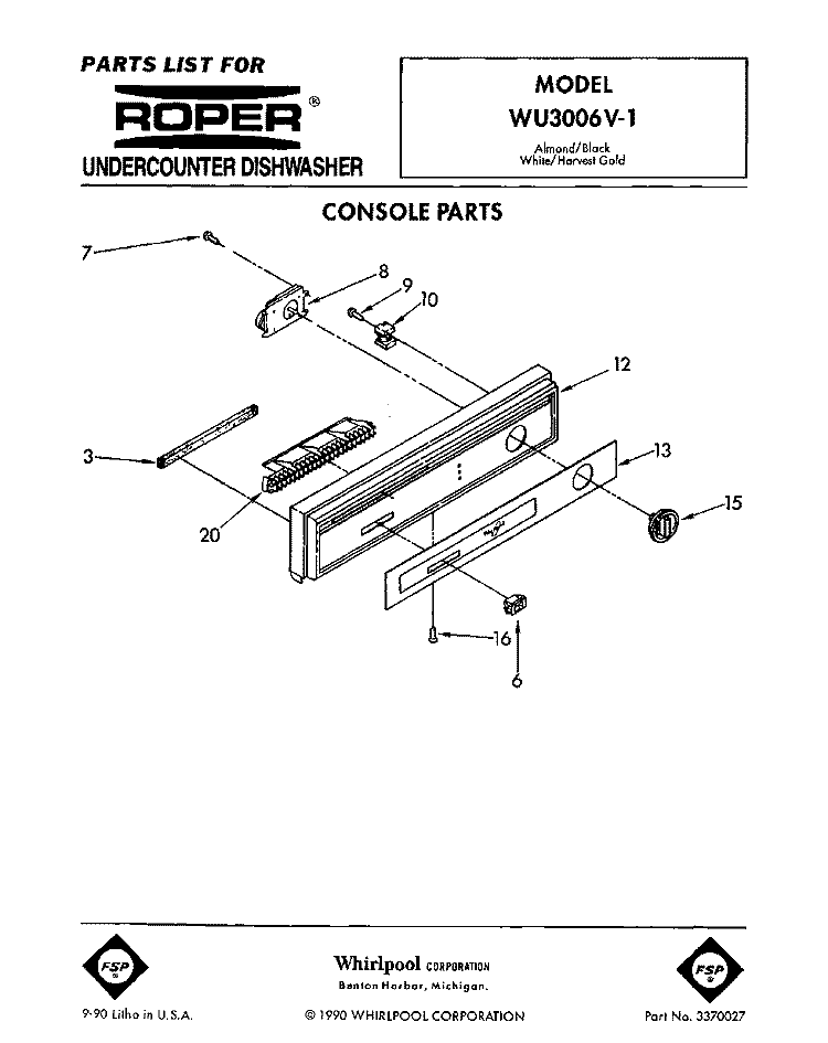 CONSOLE Diagram and Parts List for WU3006V1  Roper Dishwasher