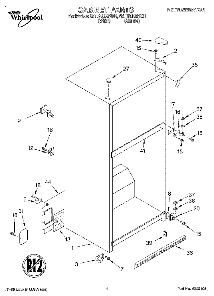 CABINET Diagram and Parts List for 8ET19DKXFW01  Whirlpool Refrigerator