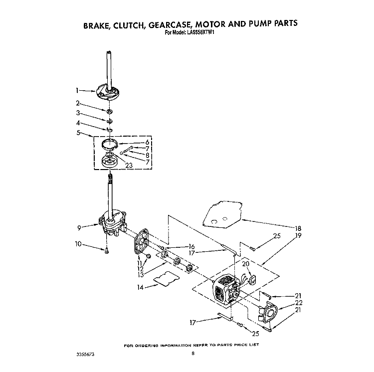 BRAKE, CLUTCH, GEARCASE, MOTOR AND PUMP Diagram and Parts List for LA5558XTF1  Whirlpool Washer