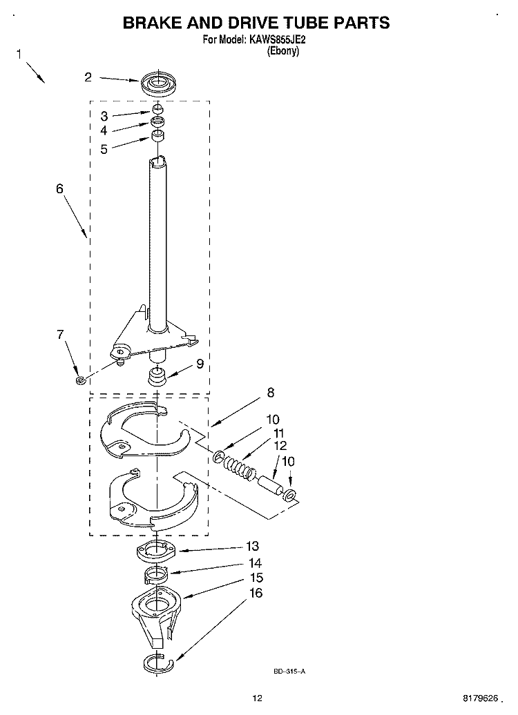 BRAKE AND DRIVE TUBE Diagram and Parts List for KAWS855JE2  KitchenAid Washer