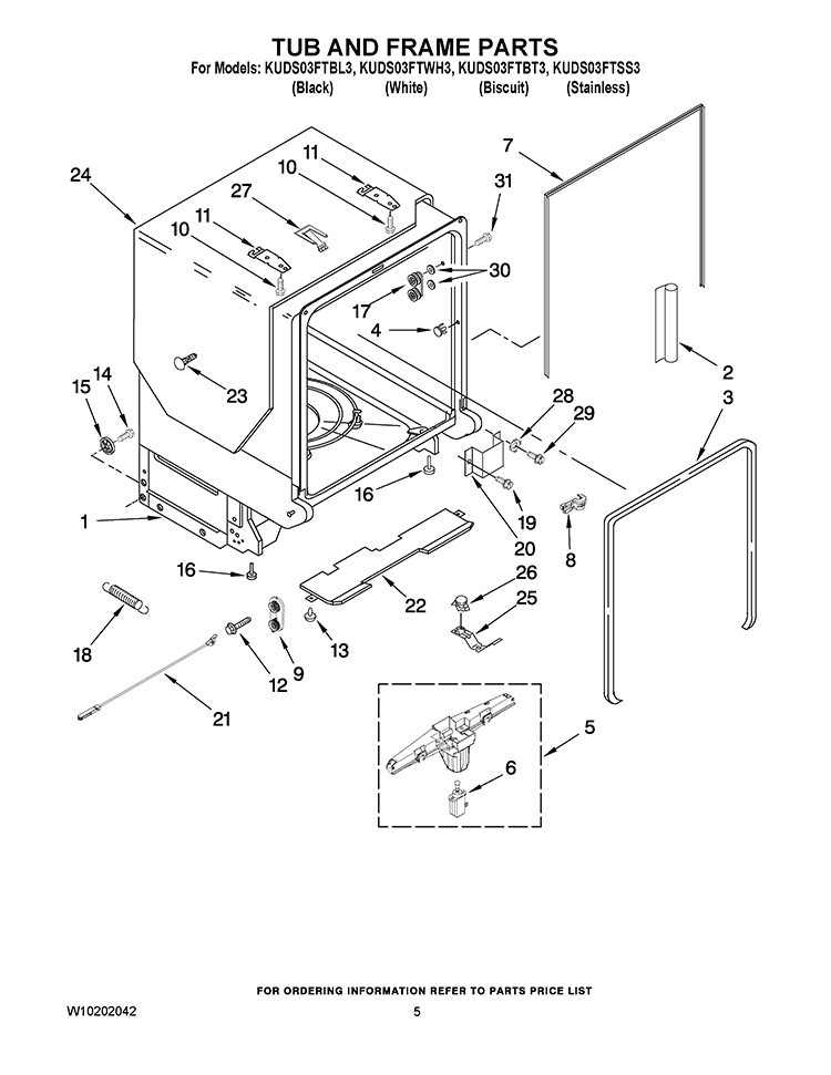 TUB AND FRAME PARTS Diagram and Parts List for KUDS03FTSS3  KitchenAid Dishwasher