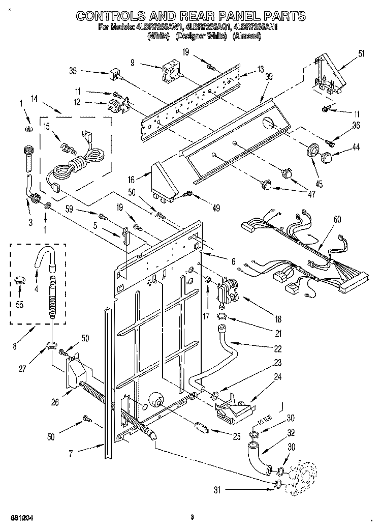 CONTROLS AND REAR PANEL Diagram and Parts List for 4LBR7255AN1  Whirlpool Washer