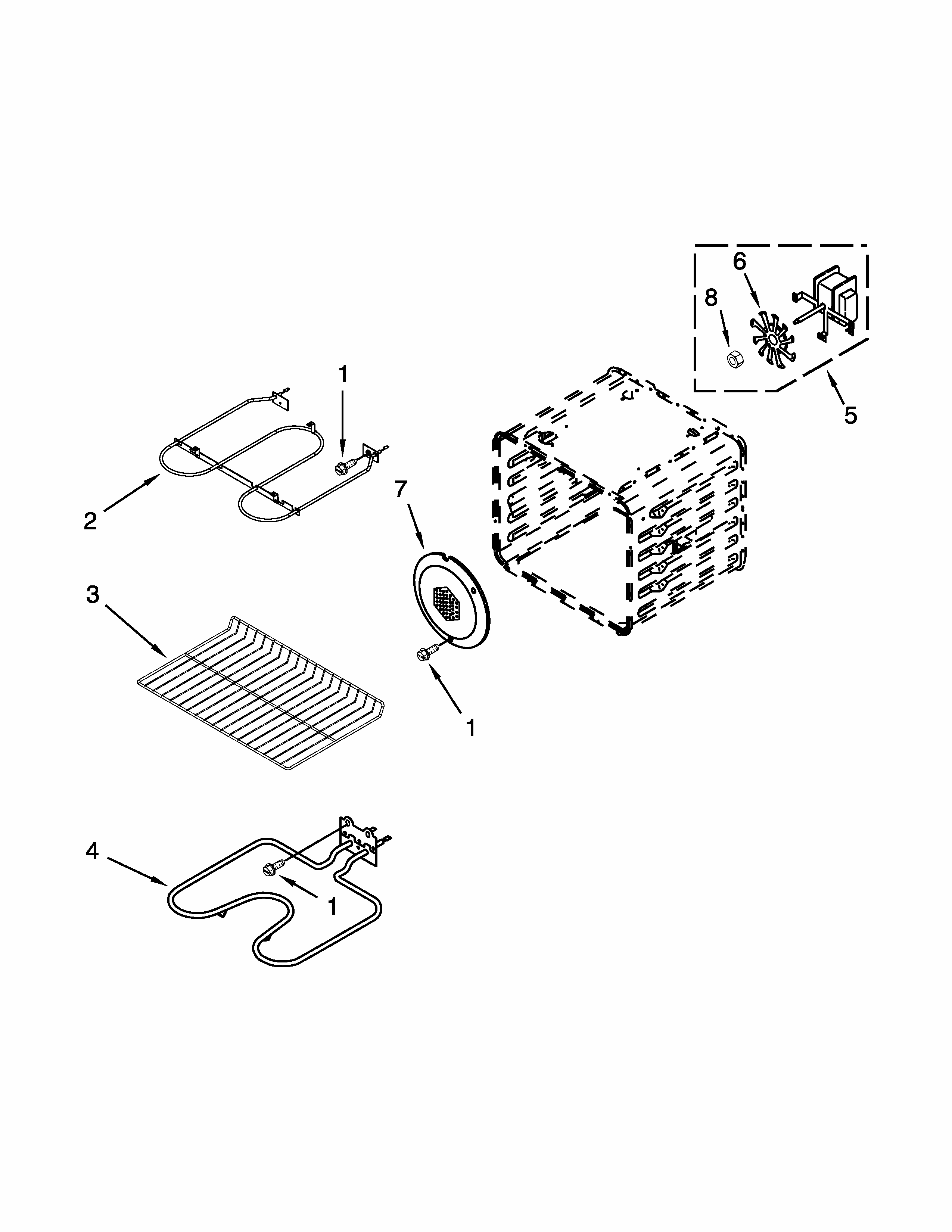 Internal Oven Parts Diagram and Parts List for IBS350PXS01  Whirlpool Wall Oven